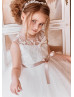 Illusion Neck Ivory Lace Tulle Slit Open Back Flower Girl Dress